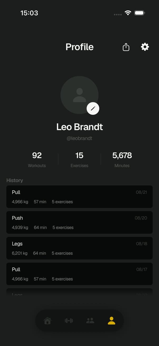 Profile with workout history