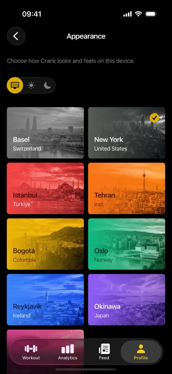 Appearance settings with city themes